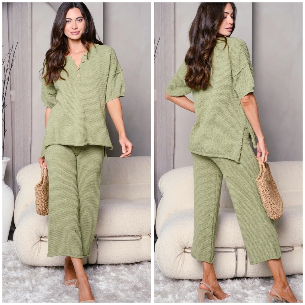 VERY J Olive Green Chic 2-Piece Knitted Sweater Top And Pants Set